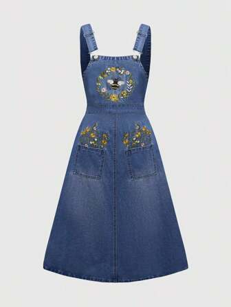 Fairycore Women's Embroidery Decorated Denim Dress, School