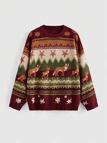 ROMWE Fairycore Women's Reindeer & Pentagram Pattern Crew Neck Long Sleeve Casual Sweater, Autumn/Winter - Multicolor - View 1