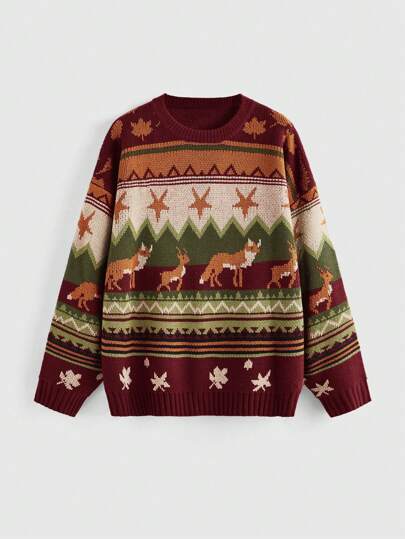 Fairycore Women's Reindeer & Pentagram Pattern Crew Neck Long Sleeve Casual Sweater, Autumn/Winter