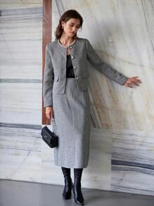 GENKIRA 2pcs Women Vintage  Tweed Jacket With Crystal Embellishment And Long Skirt Set, Autumn/Winter Fall Cloth For Women - Grey - View 6