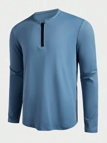 Manfinity Sport Corelite Áo thun thể thao tay dài cổ bẻ khóa trơn phong cách bạn trai dành cho nam - Màu xanh lam - Xem 3