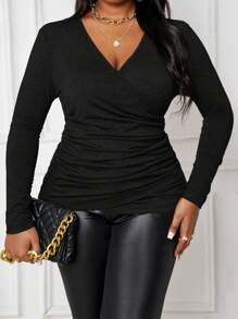 SHEIN Lady Elegante schwarze gestrickte, gewobene gerüschte Langarm Oversize T-Shirts, professionelle Tops für Konzerte, Frauen Winter Herbst Rave Festival Brunch