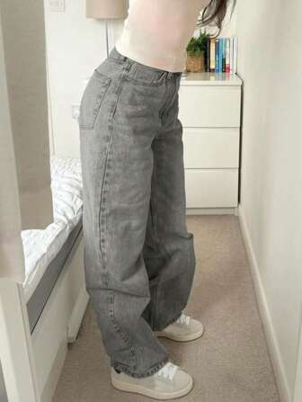 Gray Pants For Women; Casual, Versatile, Basic, Four-Season Denim Straight-Leg Trousers.
