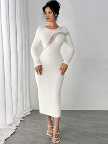 Chiquease Vestido Fluffy de Manga Longa com Gola Redonda, Recorte em Tela, Modelagem Sexy e Justa, Padrão Floral Aleatório, Ideal para Outono, Vestimenta Máxi Feminina - Damasco - Visão 1