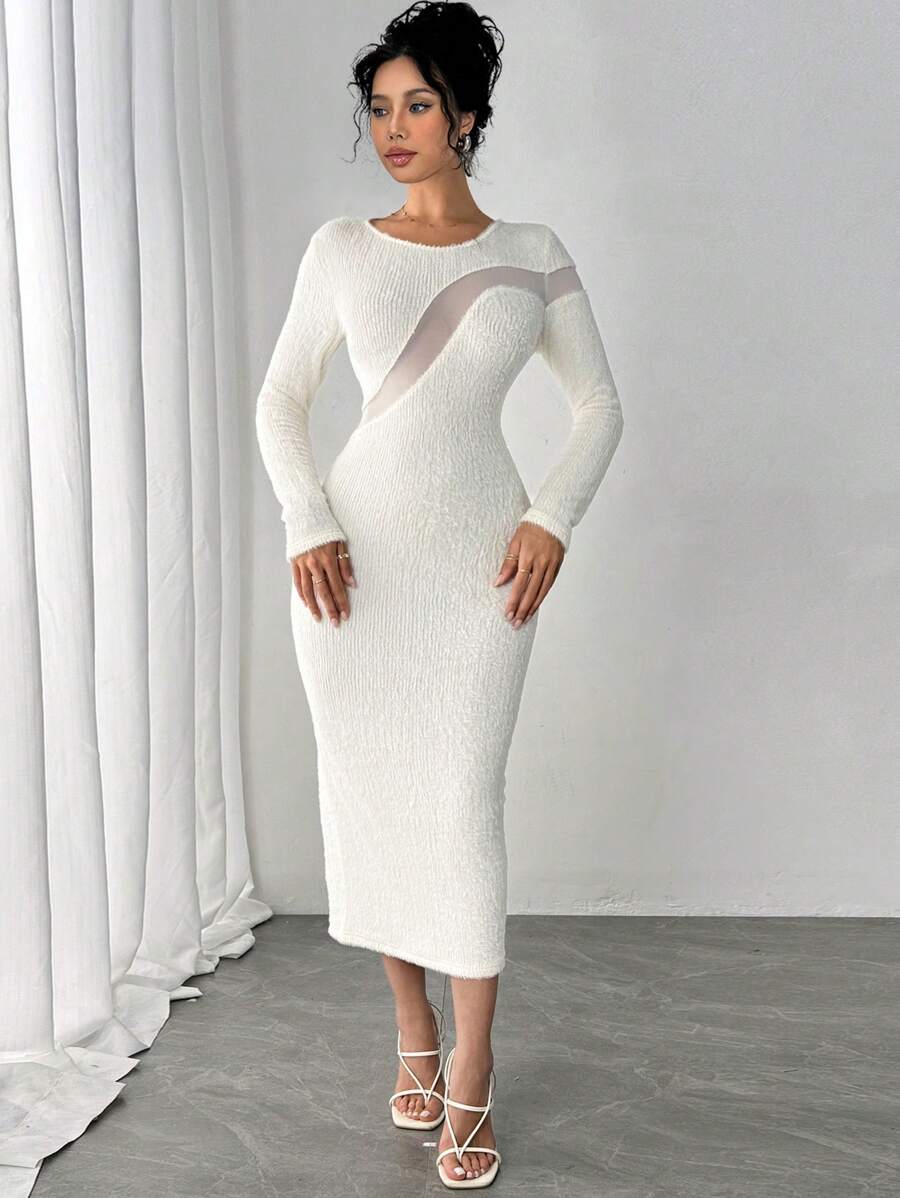 Chiquease Vestido Fluffy de Manga Longa com Gola Redonda, Recorte em Tela, Modelagem Sexy e Justa, Padrão Floral Aleatório, Ideal para Outono, Vestimenta Máxi Feminina - Damasco - Visão 1