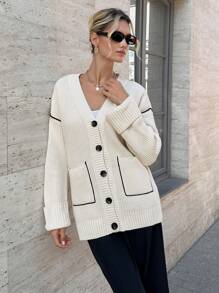 RueChic Women Knitwear Oversize Cardigan With Contrast Binding - Beige - View 1