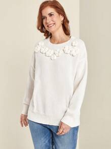 EMERY ROSE Maglione lavorato a maglia con decorazione floreale 3D, tinta unita, casual per autunno/inverno, taglie comode - Bianco - Visualizzare 3