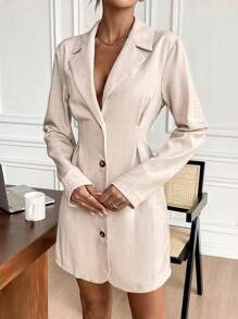 SHEIN Frenchy Vestido corto casual minimalista de mujer con botones frontales, manga larga y cuello alto de un solo color