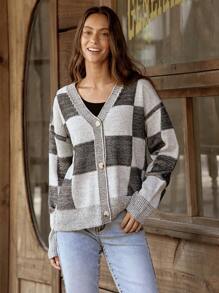 LanaWest Women Casual Checkerboard Pattern Front Button Cardigan, Suitable For Autumn/Winter - Black and White - View 7