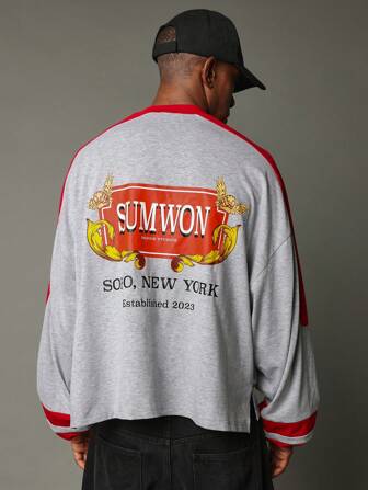 SUMWON Cropped Long Sleeve Contrast Colour Shirt With Graphic Print