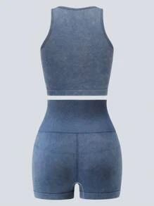 Women Shapewear Set,Seamless Denim Effect Soft Comfortable Camisole & High-Elastic Shaping Shorts,Skin-Friendly Summer Gym Outfits For Women,2pcs - Blue - View 7