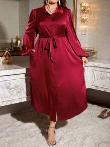 SHEIN Essnce Plus Size Women's Spring And Summer Fall Women Dresses Christmas Women Clothes Party Women Dresses Formal Women Dresses Formal Dress Christmas Women Dress New Year Eve Dress Red Christmas Dress Christmas Dress Business Casual Women Elegant Women Dresses Holiday Dress Thanksgiving Dress Thanksgiving Outfit Christmas Party Dress Fashionable And Elegant Party Satin Long Shirt Dress, Pocket Dress, Burgundy Dress Women Blouses Dress