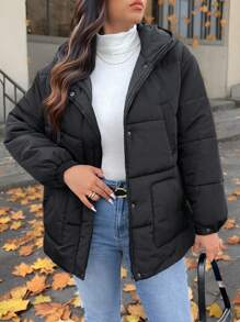 SHEIN Frenchy 1 chiếc áo khoác đệm màu đen cỡ lớn có mũ trùm đầu có thể tháo rời, cổ cao, 4 túi và thắt lưng kim loại, ấm áp và chống gió cho mùa đông - màu đen - Xem 8