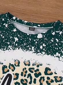 母女装（两件套分开出售）撞色豹纹字母图案套头衫 秋季 - 墨綠色 - 查看 4