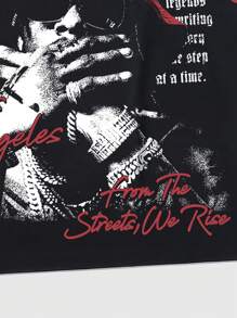 ROMWE MEN Street Life Áo thun nam tay cánh dơi in hình phong cách đường phố cỡ lớn và khẩu hiệu, màu đen, mùa hè, Halloween, phong cách thập niên 2000 - màu đen - Xem 4