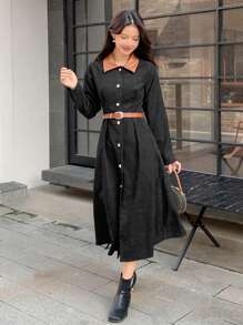 DAZY 女士秋季长袖拼布中长连衣裙，秋季女装 - 黑色 - 查看 3