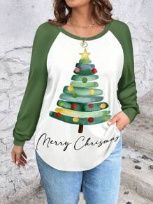 SHEIN LUNE Plus Size Women's Casual Christmas Tree Raglan Sleeve Round Neck Loose T-Shirt, Suitable For Autumn/Winter