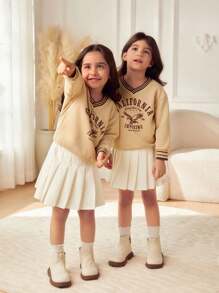 SHEIN 年轻女孩条纹印花 V 领长袖宽松休闲运动衫，秋季 - 卡其色 - 查看 6