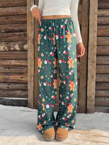 SHEIN EZwear 圣诞姜饼人印花针织裤 - 綠色 - 查看 4