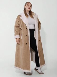 SHEIN CURVE+ Áo khoác nữ Curve Plus kẻ caro màu nâu cổ bẻ cài hai hàng khuy, dành cho mùa đông - Màu Khaki - Xem 7