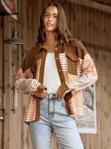 LanaWest Women Striped Color Block Fleece Patchwork Dropped Shoulder Button Flap Pocket Long Sleeve Jacket, Warm For Autumn/Winter Fall Cloth For Women - Multicolor - View 4