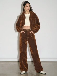 AiiRZ Denim Flocked Button Front Jacket And Baggy Jeans Two-Piece Co-Ord Set - Brown - View 4