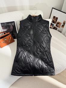 SHEIN Clasi 女士休闲纯色立领加垫背心夹克，秋冬 - 軍綠色 - 查看 4