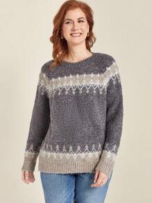 EMERY ROSE Plus Size Women Geometric Pattern Round Neck Raglan Long Sleeve Casual Knit Sweater, Fall Autumn/Winter