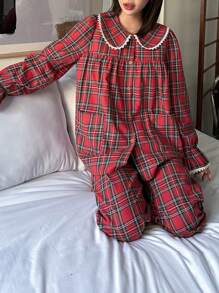 DAZY Cute Christmas Plaid Peter Pan Collar Ruffle Splicing Pajama Set, Fall Winter Clothes