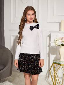 Bộ 2 món/bộ áo phông dài tay màu trắng cho bé gái tuổi teen và váy lấp lánh màu đen, dành cho Giáng sinh - Nhiều màu - Xem 5