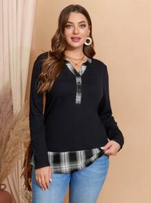 EMERY ROSE 大码女式拼布格子 V 领长袖休闲 T 恤，秋季女装 - 黑與白 - 查看 3