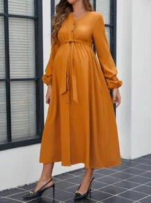 SHEIN Maternity Casual Solid Color Lantern Sleeve Dress, Autumn Fall Clothes - Burnt Orange - View 1