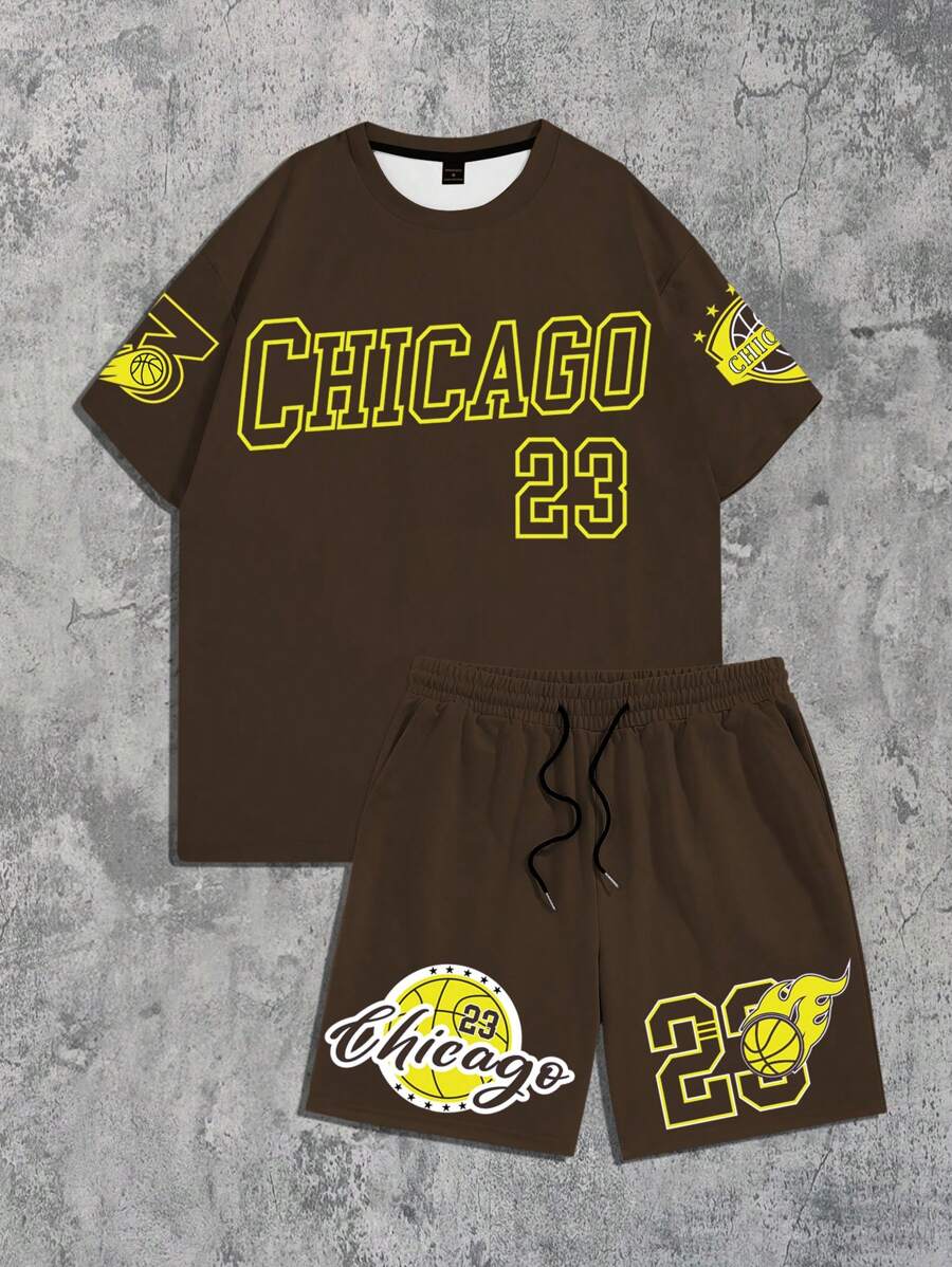 Manfinity EMRG Bộ áo phông tay ngắn màu tím và quần short thiết kế in ấn dành cho nam - màu nâu - Xem 1