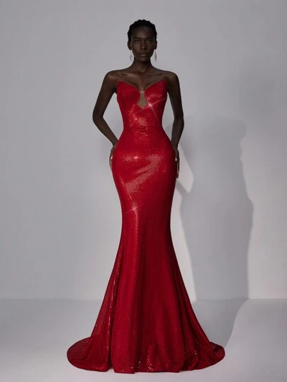 Elitara Elegant Burgundy Luxury Sequin Strapless High Waist Mermaid Maxi Evening Dress With Train, Formal Gown, For Wedding Guest, Graduation, Dinner