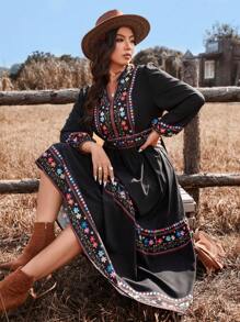 Freevana Plus Size Women Mexican Pattern V-Neck Western Boho Holiday Super Long Dress, Versatile Long Sleeve Dress For Autumn/Winter - Multicolor - View 5
