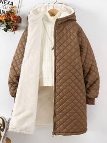 Teen Girls Thickened Plaid Patterned Overcoat, Suitable For Daily Commuting, Casual, School And Gathering, Winter - Khaki - View 3