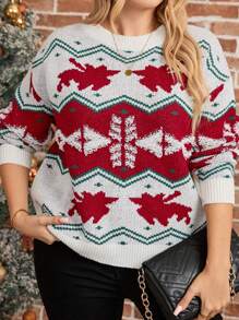SHEIN LUNE Plus Size Winter Round Neck Long Sleeve Graphic Detailed Casual Knit Top Sweater