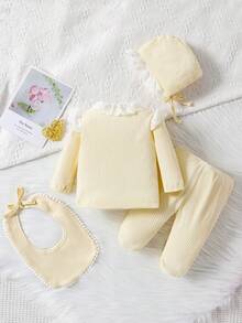 SHEIN Bộ đồ dài tay màu hồng đơn giản cho bé gái kèm mũ và yếm, bộ đồ mặc nhà thường ngày - Màu vàng - Xem 2