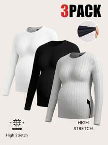 SHEIN Maternity 3pcs Ribbed Knit Long Sleeve T-Shirt Set, Autumn & Winter - White - View 1