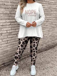 SHEIN LUNE 2 件套大码女式休闲长袖 T 恤和瑜伽裤套装，适合秋冬季 - 白色 - 查看 3
