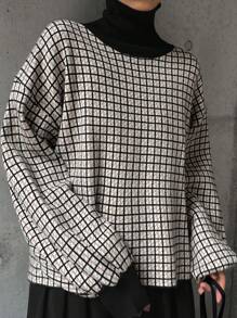 FRIFUL Women's Autumn Baggy Drop Shoulder Long Sleeve Plaid Knitted Sweater