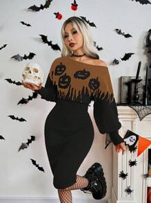 Chiquease European And American Stylish Halloween Vintage Pumpkin & Ghost Print Off-The-Shoulder Relaxed Slim Bodycon Dress, Autumn/Winter Fall Cloth For Women - Multicolor - View 6