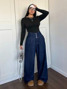 SHEIN ICON 大码牛仔裤休闲高腰纽扣蓝色镂空服装圣诞节女装感恩节女装返校节冬季牛仔女郎服装抓绒 - 藍色 - 查看 4