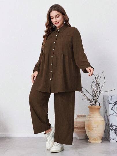 Graceveil 2 件加大码纯色前扣长袖休闲优雅裤套装，休闲 2 件套服装，适合旅行/休闲/居家/度假 2 件套