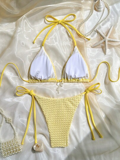 Swim Mod 2 件套女士夏季海滩纯色纹理面料吊带三角文胸配蝴蝶结装饰和侧系带三角裤比基尼套装