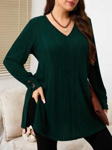 EMERY ROSE 大码纯色 V 领长袖纽扣装饰休闲 T 恤 - 墨綠色 - 查看 3