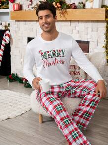 圣诞节男士圣诞字母印花长袖上衣和格子长裤睡衣套装