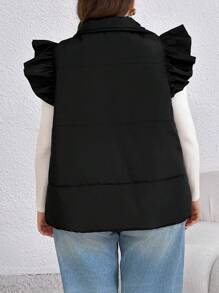 SHEIN LUNE 大码纯色前扣荷叶边饰边盖袖加厚外套，适合冬季 - 黑色 - 查看 2