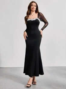 SHEIN Belle Elegante vestido de noche para mujer con mangas farol de malla, cuello cuadrado y bajo de cola de pez, vestido negro