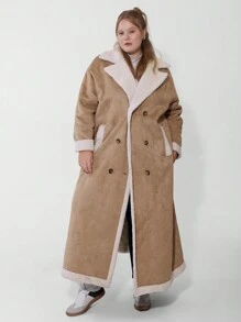 SHEIN CURVE+ Áo khoác nữ Curve Plus kẻ caro màu nâu cổ bẻ cài hai hàng khuy, dành cho mùa đông - Màu Khaki - Xem 4